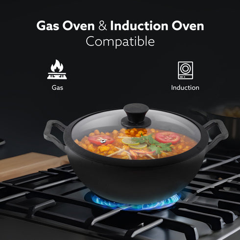 Royal Pre Seasoned Cast Iron Kadai with Glass Lid, No Chemical Coating, Rigid Iron Handle, 4.3L, Uni-Body Design, Fast Heating, Heavy Weight, Gas & Induction Oven Compatible, Cooking, Black