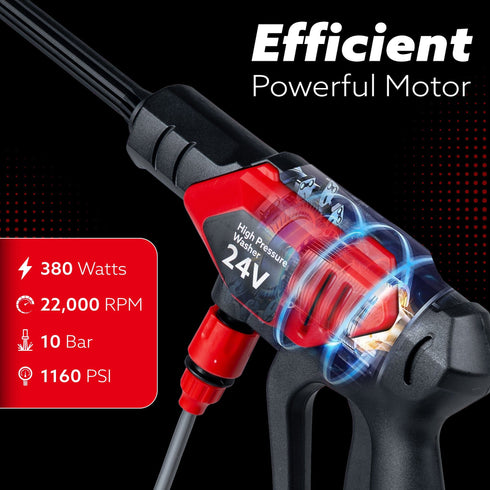 Marvel Cordless High Pressure Washer Gun | 24V Rechargeable Battery (2 x 1500mAh) | 110–240V | 10 Bar | 6-in-1 Adjustable Nozzle | 5M Hose Pipe | Car & Bike Wash | Premium Build with Cloth