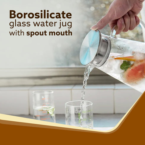 Elite Borosilicate Water Jug 1.8Ltr, Stainless Steel Air Tight lid, Iced Tea Pitcher, Water Jug, Hot Cold Water, Milk and Juice Beverage Carafes