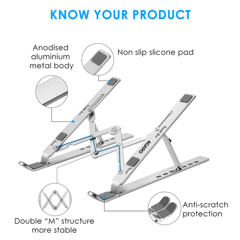 AGARO LS1821 Foldable Laptop Stand, 7 Adjustable Levels, Non Slip Silicone Pads, Aluminium Built, Laptop, Tablet, Books (Silver)