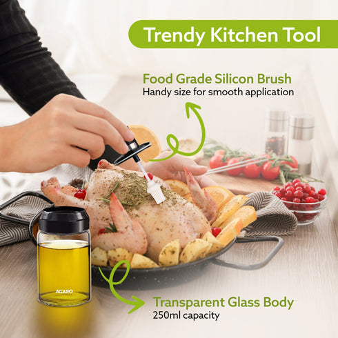 Elegant Glass Oil Bottle with Brush 250ml, Oil Container Bottle for Kitchen, Glass Bottle with Brush for Cooking, Baking, BBQ, Marinating