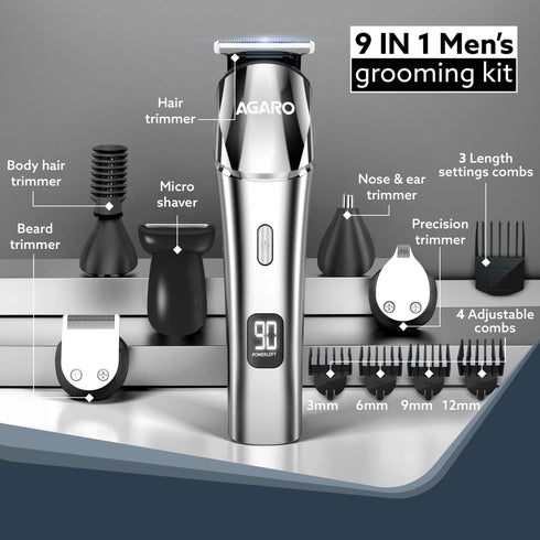Royal Multi Grooming Kit For Men, 9in1, Shave| Trim | Style, Face Head Body Trimmer, Self Sharpening Stainless Steel Blade, 5 Combs, Metal Body, Type C Fast Charging, 120 Min Usage, IPX7, Silver
