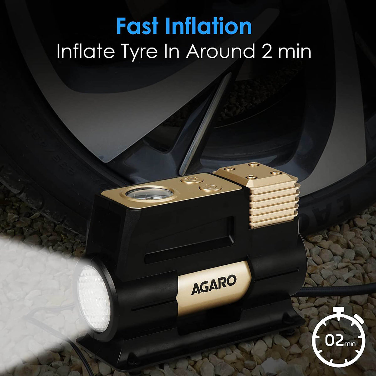 AGARO Force Analog tyre inflator with Emergency Light, 150 watts
