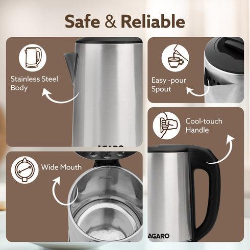 AGARO Sonnet Electric Kettle, 1.5L, 1500W, Stainless Steel Body