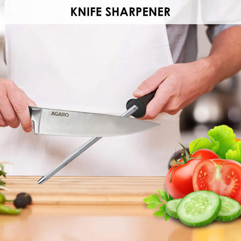 Galaxy 9 Pcs Kitchen Knives Set with Wooden Case, 7 Knives, 1 Knife Sharpener, 1 Wooden Case, High Carbon Stainless Steel, Non Slip Triple Rivet Strong Handle, Cooking, Cutting, Slicing, Silver