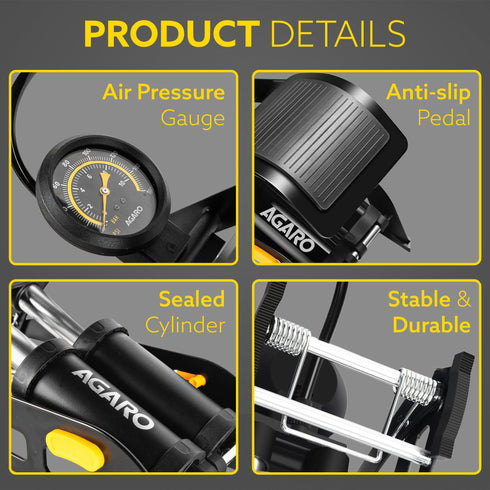 Foot Tyre Inflator, Double Cylinder Rapid Inflation, 160 PSI, High-Pressure Foot Air Pump with Integrated Gauge for Car, Bike & Cycle, Hands-Free Pedal Operation, Durable Steel Base, FP1919