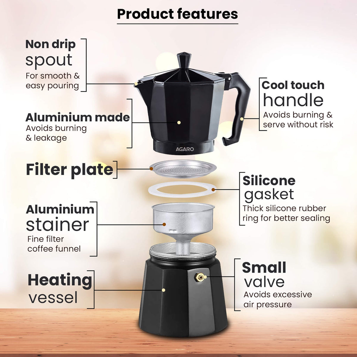 Zoom Classic Moka Pot, 240ml, Black Serves Cups AGARO – Agaro