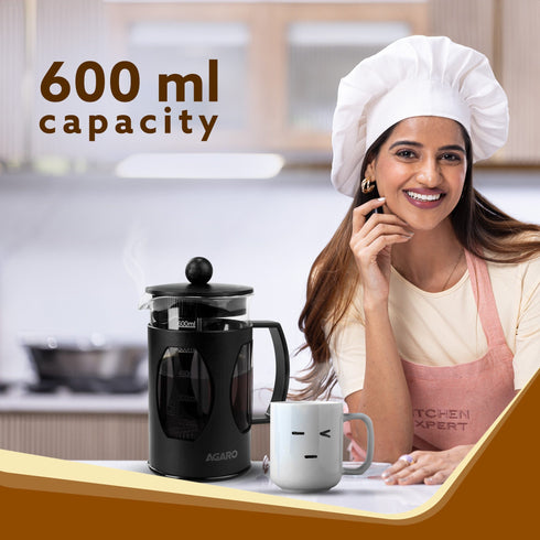 Elite French Press Coffee And Tea Maker, Borosilicate Glass Body With Sleeves, Glass Carafe, BPA Free Plastic Lid Strainer, 600Ml