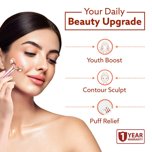 3-In-1 Face Roller, 3D V-Roller Head, Pointer Head, Facial Roller Kit for Face, Eye, Neck, Jade Roller, Anti-Aging Facial Massager for Anti-Wrinkle, (Rose Gold)