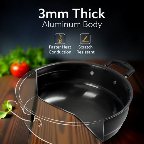 Elite Hard Anodised Multi Kadhai with Stainless Steel Lid, 5L, Gas Compatible, 3mm Thick Body, Riveted Handle