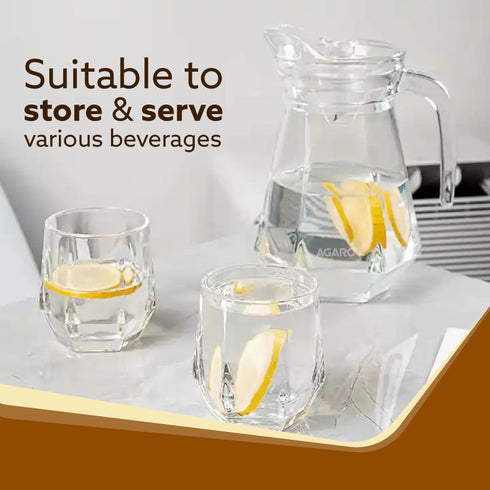 Elegant Glass Jug, 1.3L, Multipurpose Jug, Easy Pour & Strong Handle, Transparent Beverage Carafe for Home, Office, Pitcher for Serve Water, Milk, Juice, Lassi, Cocktail, Ideal for Gift