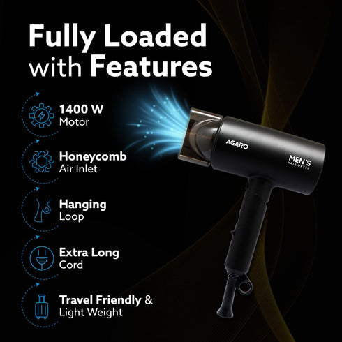 Premium Hair Dryer for Men with 1400 Watts Motor, 3 Temperature Settings & Cool Shot Button- Black