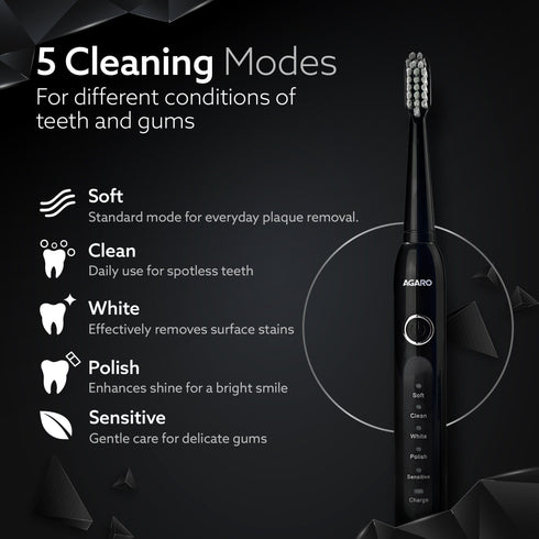 COSMIC ADVANCE Sonic Electric Tooth Brush For Adults With 5 Modes, 2 Brush Heads & Rechargeable With 4 Hours Charge Lasting Up To 25 Days, Power Toothbrush, (Black)