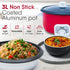 Regal Electric Multi Cooking Pot, 3L, 1200W, Automatic Boiler, Steamer, Fryer, Aluminium Pot, Glass Lid, Adjustable Temperature Control, Keep Warm, Rice, Veggies, Red