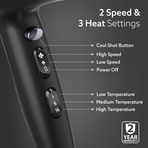 2000W AC Professional Hair Dryer with Comb, Concentrator & Diffuser Nozzles, Hot & Cold Air, 2 Speed & 3 Temperature Settings with Cool Shot, 16A Socket, Hair Dryer & Blower for Men, Black