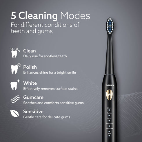 COSMIC LITE Sonic Electric Tooth Brush For Adults With 5 Modes, 2 Brush Heads & Rechargeable With 4 Hours Charge Lasting Up To 25 Days, Power Toothbrush, (Black)