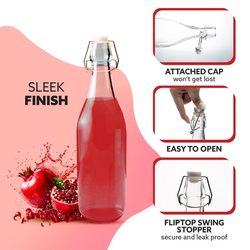 Elegant Flip Top Glass Bottle 1L Transparent, 1000ml, Freezer Safe & Leakproof Flip Cap, Clear & Stylish