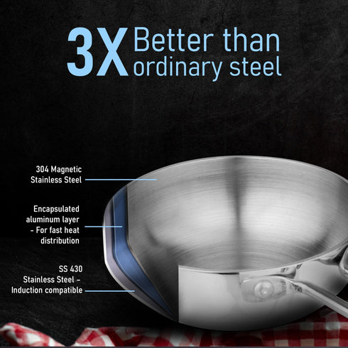 Stainless Steel Regency Triply Tadka Pan, 250 ml Capacity, 11 cm Diameter, 2.5 mm Thick Body, Induction & Gas Compatible, Riveted Handle, Silver