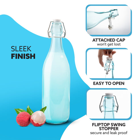 Elegant Flip Top Glass Bottle 1L Blue, 1000ml, Freezer Safe & Leakproof Flip Cap, Blue Colour & Stylish