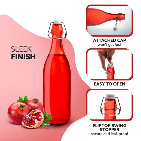 Elegant Flip Top Glass Bottle 1L Red, 1000ml, Freezer Safe & Leakproof Flip Cap, Red Colour & Stylish