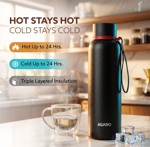 Elegant 700ml Stainless Steel Water Bottle, Up to 24 Hrs. Hot & Cold, ISI Certified, Triple Vacuum Insulated, Leak-Proof, Rust-Proof, BPA-Free, for Office, Travel, Gym, 1Y Warranty, Gun Black