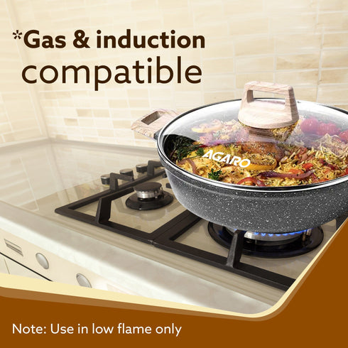 Imperial Granite Non Stick Kadhai with Glass Lid, 3.8L / 28cm,Kadai , Deep Frying Pan, Biryani Pot, Cast Aluminium Body, Gas & Induction Compatible, Dark Grey