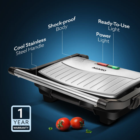 Royal Grill Sandwich Maker, Non Stick Coated Grill Plates, Stainless Steel Body, Oil Collector Tray, 1000W, 90 Degrees Floating Hinges, Panini/Grill/Toast (Black)