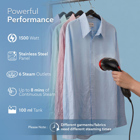 Elite Garment Steamer - 1500W Steamer for Ironing Clothes - 25g/min, 3 Steam Modes, 100ml Tank, Compact & Lightweight, Travel Friendly, For All Fabric