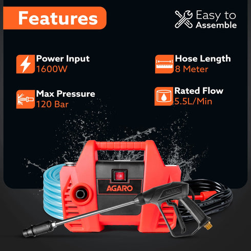 Regent High Pressure Washer | 1600W Motor | 120 Bar Max Pressure | 5.5 L/Min Flow Rate | Portable Electric Washer for Car, Bike, Walkways & Home Cleaning | 8M Outlet Hose Pipe Included