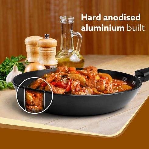 Elite Hard Anodised Tapper Frying Pan, 1.5L Capacity, 24 cm Diameter, Gas Oven Compatible, 3 mm thick plate, Riveted handle, Frying, Cooking, Serving, Black