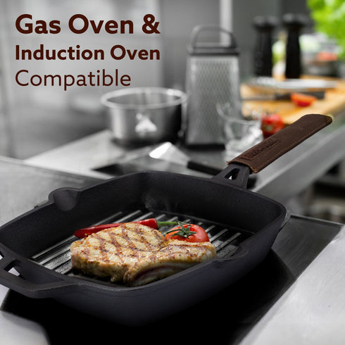 Royal Pre Seasoned Cast Iron Grill Pan, 24cm Diameter, 1.9L, No Chemical Coating, Rigid Handles, Fast Heating, Heavy Weight, Gas Oven & Induction Compatible, Frying, Cooking