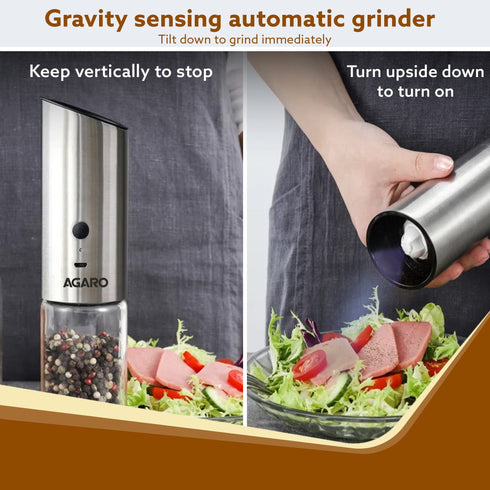 Gravity Salt & Pepper Automatic Grinder, Refillable, Adjustable Coarseness, Gravity Electric Salt Pepper Mill & Shaker, Rechargeable, Stainless Steel