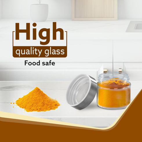 Elegant Glass Spice Jar with Metal Stand, Pack of 4, 100Ml Each, Transparent Body, Steel lid with transparent plastic, Stores Spices