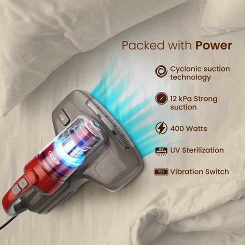 Grand Bed Vacuum Cleaner, Cyclonic Technology for Dust Collection, UV Light Sterilization, 12kPa Suction Power, Suitable for Bed, Sofa, Pillow and Other Fabric Surfaces, Grey & Black