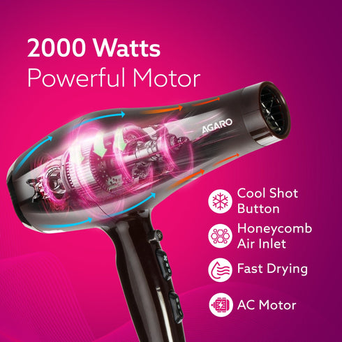 HD-1120 2000W AC Professional Hair Dryer with Comb, Concentrator & Diffuser Nozzles, Hot & Cold Air, 2 Speed & 3 Temperature Settings with Cool Shot, Hair Dryer & Blower for Men & Women