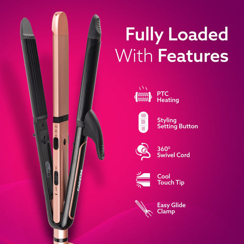 3in1 Hair Styler, Straightener, Crimper, Curler For Women HS1119, Keratin Infused Ceramic Coated Plate, Variable Style Settings, Hair styling, Colour Black & Rose Gold