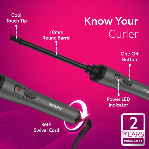 HC8001 Hair Curler With 10MM Barrel, Rod, Tong, Chopstick Hair Curler, Ceramic Coated Plates, Cool Touch Tip, Fast Heating, For Women, Maggie Curl, Hair Curling, Styling, Grey