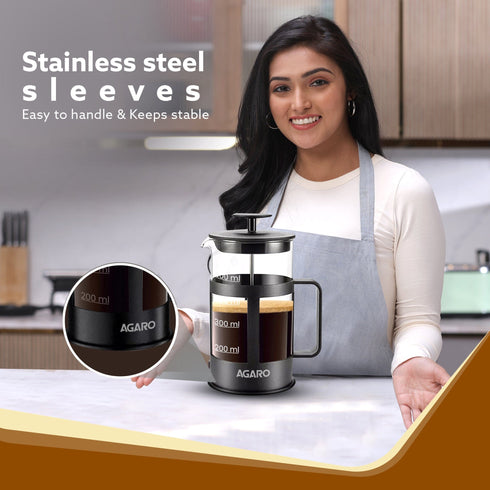 Delite French Press Coffee And Tea Maker, Borosilicate Glass Body With Sleeves, Glass Carafe, BPA Free Plastic Lid Strainer, 600Ml