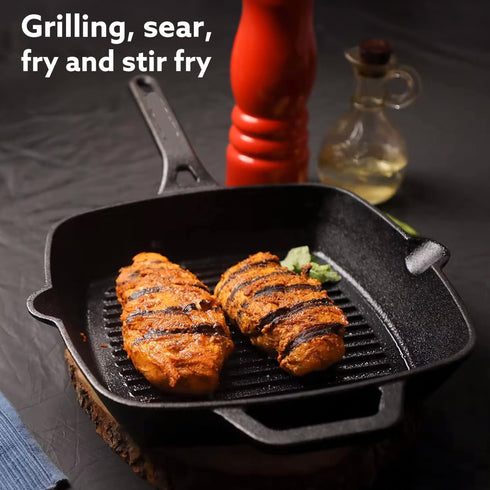 Royal Pre Seasoned Cast Iron Grill Pan, 24cm Diameter, 1.9L, No Chemical Coating, Rigid Handles, Fast Heating, Heavy Weight, Gas Oven & Induction Compatible, Frying, Cooking