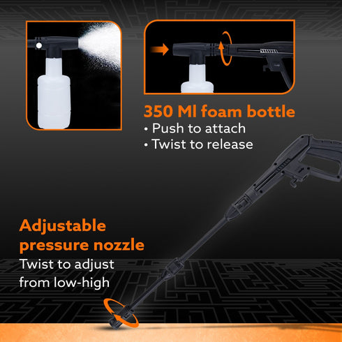 Alpha High Pressure Washer, Car Washer, Upright Design With Wheel, 1600W, 130 Bars, 7L/Min Flow Rate, 8 Meters Outlet Hose, Car, Bike and Home Cleaning Purpose, Red & Black