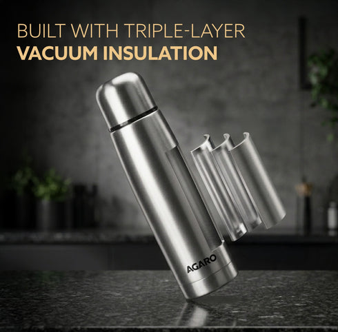 Delite Stainless Steel Flask with Bag, 500ml, Up to 24 Hrs Hot & Cold, ISI Certified, Triple Vacuum Insulated, Leak Proof, Flip Lid Closure, BPA & Rust Free, for Travel, Office & Outdoor Use