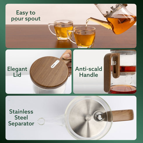 Elite Borosilicate Glass Tea Pot for Loose Tea, Stainless Steel Infuser, 760ml, Anti Scaled Side Handle, Heat Resistant, One-Touch Magnetic Filtration & Water Separation, for Home & Office