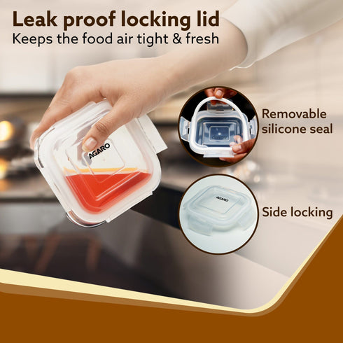 Elite Lunch Box, Set of 3 With Lunch Bag, Square Shaped, Borosilicate Glass, Leakproof & Airtight Locking Lids, Microwave & Freezer Safe, Office Lunch Box Set, Transparent, Set of 3 ƒ?? 320ml+320ml +320ml