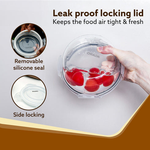 Elite Lunch Box, Set of 3 With Lunch Bag, Round Shaped, Borosilicate Glass, Leakproof & Airtight Locking Lids, Microwave & Freezer Safe, Office Lunch Box Set, Transparent, Set of 3 ƒ?? 400ml+400ml +400ml