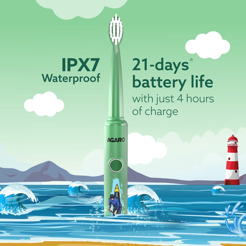 REX Lite Sonic Electric Kids Toothbrush with 3 Brushing Modes, 19000 Strokes per minute, Dupont Soft Nylon Bristles, Rechargeable Battery, Power Tooth Brush, Repleacble Heads, Green, 1 Count