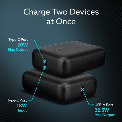 Nano Power Bank 10000 mAh, 22.5W Power Delivery for Smartphones, Portable, USB A & C Output, USB C Input, Fast Charge Technology for Tablets, Headphones and Hi-Powered Devices