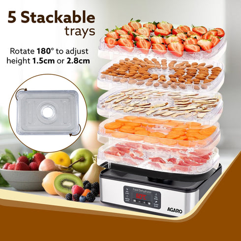 Regal Food Dehydrator, 5 Stackable Stainless Steel Trays, Digital Adjustable Timer & Temperature Control, Food Preserver Machine with Drying Capacity for Fruits, herbs, Veggies, Silver