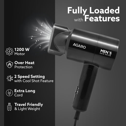 Hair Dryer for Men, 1200 Watts, 2 Heat Speed and Cool Mode, Foldable (Compact in Size), Black