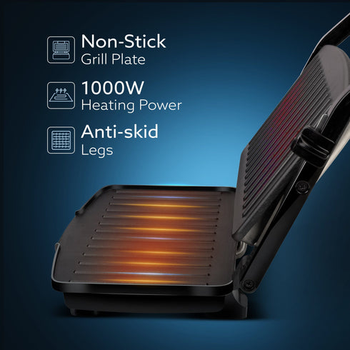 Royal Grill Sandwich Maker, Non Stick Coated Grill Plates, Stainless Steel Body, Oil Collector Tray, 1000W, 90 Degrees Floating Hinges, Panini/Grill/Toast (Black)