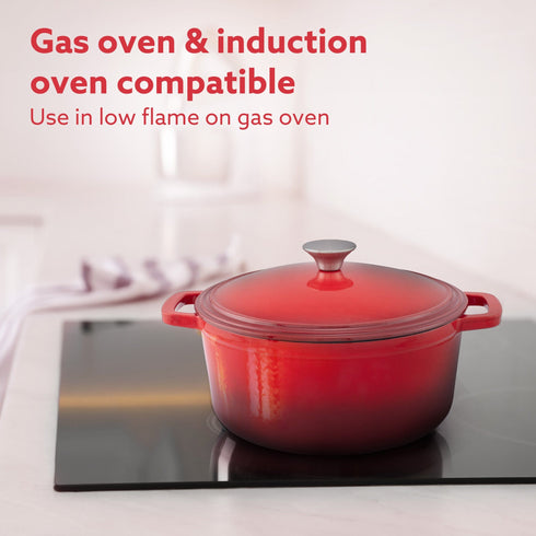 Royal Enamelled Cast Iron 5L Casserole with Lid, Cooking Pot, No Chemical Coating, Fast Heat, Heavy Weight, Gas & Induction Oven Compatible, for Meat, Dal, Curry, Biryani, Pulao, Red